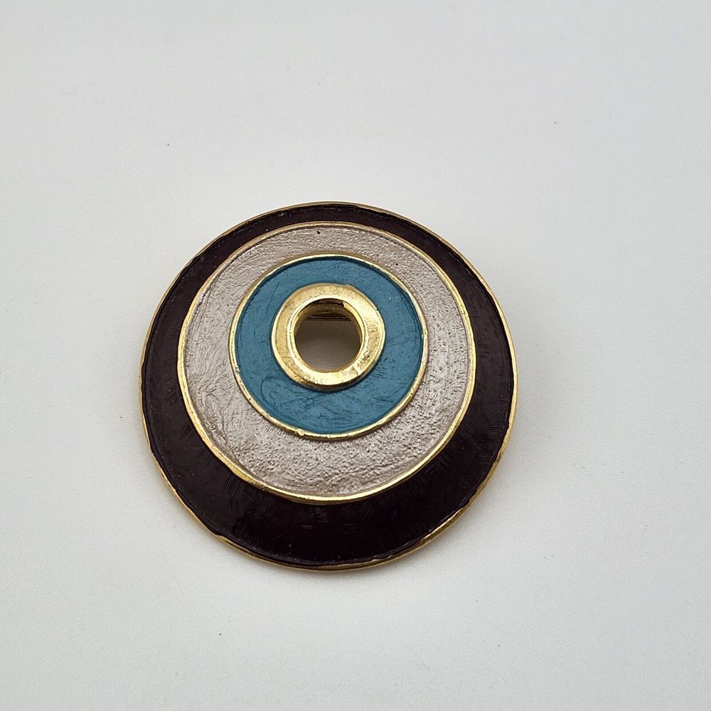 Vintage Brown And Turquoise‎ On Gold Tone Circle Brooch Pendant